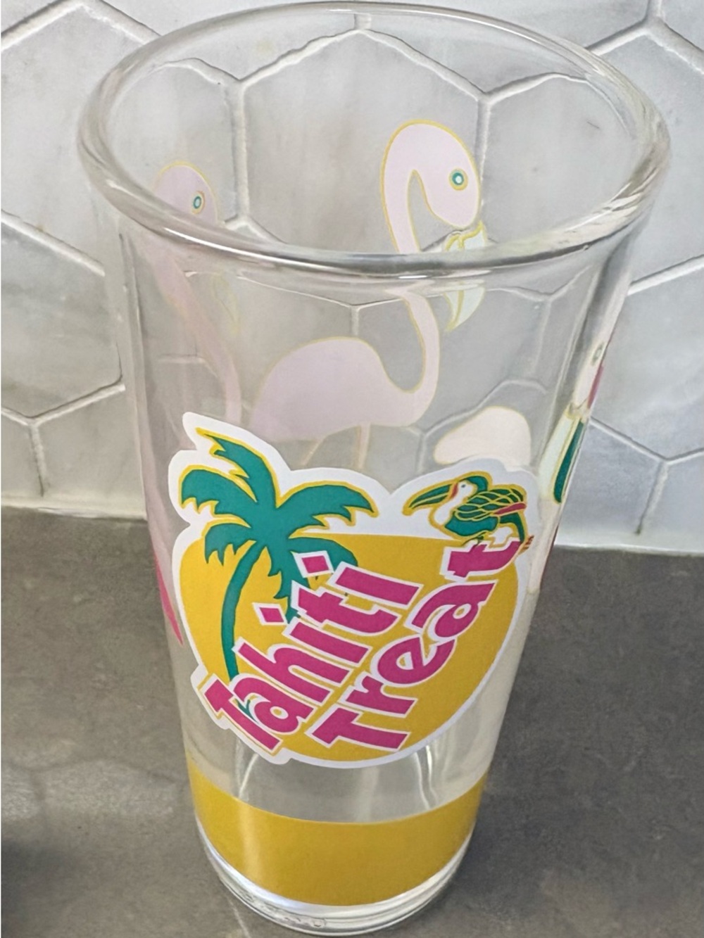 Vintage 1980s Tahiti Treat Tall Glass - Pink Flamingo & Yellow Palm Design